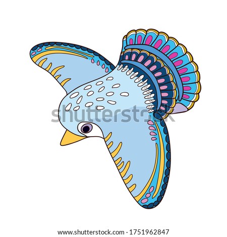 Decorative bird in folklore style, vector drawing on a white background