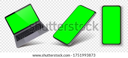 Telephone and laptop in rotated position green screen isolated white background. Realistic laptop incline 90 degree isolated on white background. computer notebook. Cellphone frame with blank display.