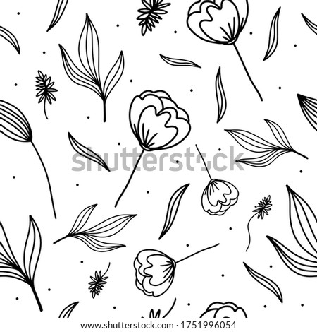 Seamless pattern with flowers and leaves. 
The modern botanical vector illustration for surface design, print, fabric, packaging design, summer labels. Isolated on white background.