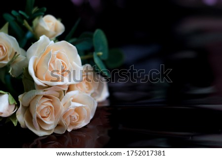 A bouquet of cream spray roses with eucalyptus on a dark red  background. Background Valentine's Day, Mothers day, anniversary concept. Empty place for emotional, sentimental text, quote or sayings.