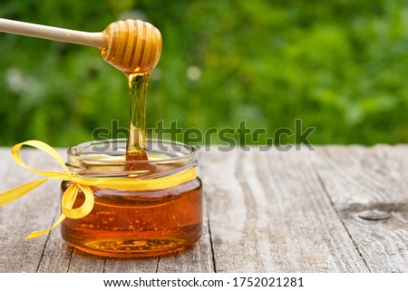 Dripping honey from a wooden spoon on a grassy green background with copy space.