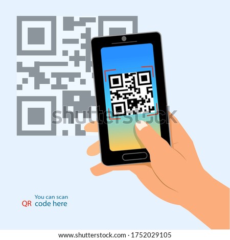 Vector illustration capture QR code on mobile phone. Digital technology, information barcode, symbol electronic scan.