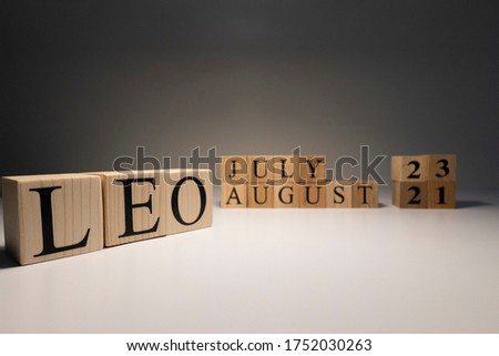 Leo word on wooden cubes on white background. Photographed in the studio and in spot light. Zodiac or star signs consists of 12 horoscopes.