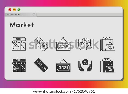 market icon set. included shopping bag, shop, discount, closed icons on white background. linear, filled styles.