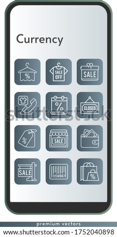 currency icon set. included gift, calendar, shopping bag, sale, shirt, shop, wallet, towel, price tag, phone call, closed, barcode icons on phone design background . linear styles.