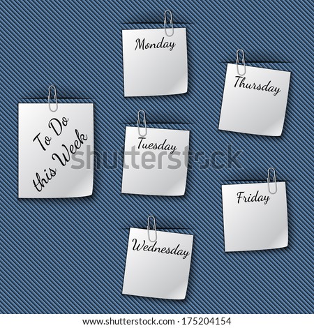 Vector illustration of the work week notes clipped to the blue drapery