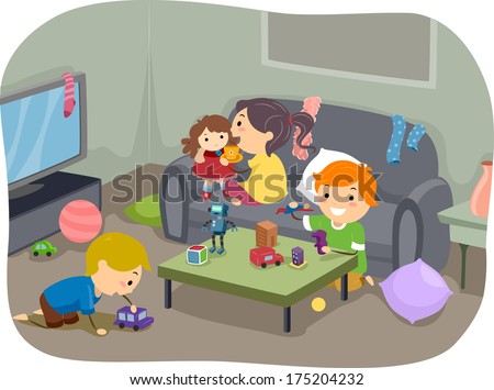 Illustration of a Group of Kids Playing with Their Toys at Home
