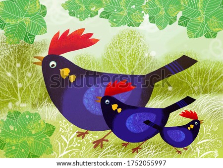 One good day morning of black rooster family.Digital hand drawn image for greeting card,background,decoration,kids books image,nature poster,animals cartoon,advertising,banner,wallpaper,clip art.