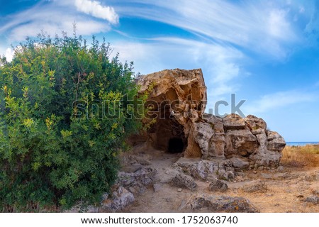 Pathos. Cyprus. Cave in the Archaeological Park of Paphos. Cyclops Cave. Tombs Of The Kings in Cyprus. Tree grows next to cave. Paphos nature landscape. Archaeological Park in open. Royalty-Free Stock Photo #1752063740
