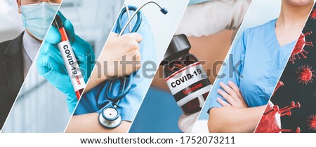 Coronavirus COVID-19 photo set banner in concept of medical treatment including medicine, vaccine and doctor service to prevent, treat and cure covid-19 or 2019 Coronavirus Disease.