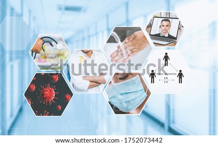 Coronavirus COVID-19 image set banner in concept of prevention information including safety precaution and doctor service to prevent spreading infection of covid-19 or 2019 Coronavirus Disease. Royalty-Free Stock Photo #1752073442
