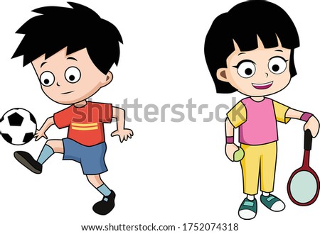 Little boys play football and Little Girl with raket vector ilustration
