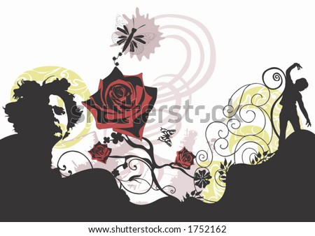 Illustration of a man's face and a female silhouette