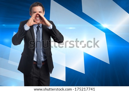 Shouting businessman against abstract technology background