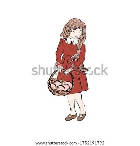Vintage girl holding basket of eggs and Easter cake. Religious spring holiday. Hand drawn child in red dress. Clip art. 