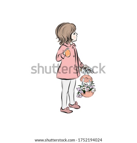Happy Easter. Girl holding broken egg with flowers. Spring religious holiday. Vintage retro kid. Clip art. Hand drawn happy child in pink dress. 