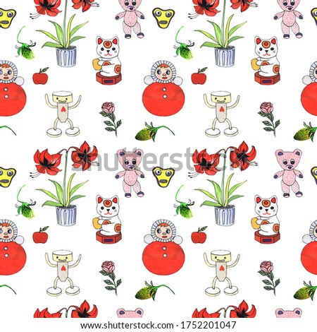 Toys seamless pattern with matryoshka, teddy bear, cat, robot and flowers. Illustration in cartoon style