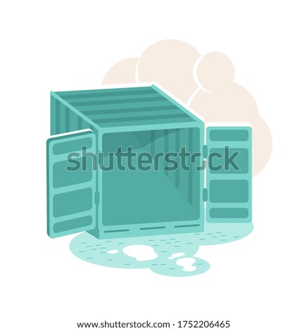 Open empty container 2D vector web banner, poster. Shipping cargo. Transportation box flat illustration on cartoon background. Storage printable patch, colorful web element