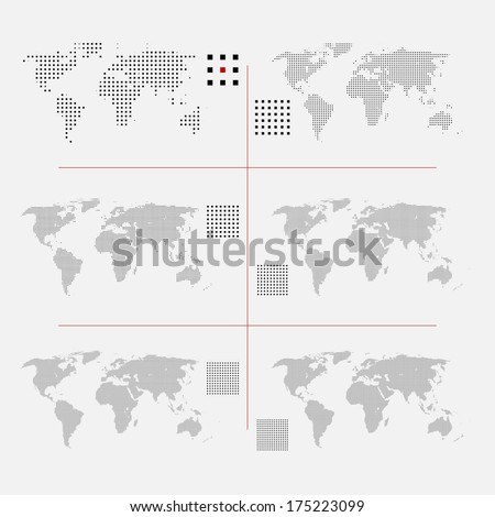 Set of dotted world maps in different resolution. Square pixel pattern. Modern digital globe. Black dots on white background. Abstract vector. 