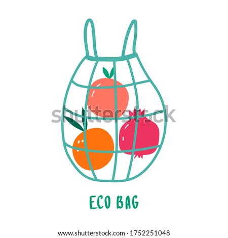 Eco bag. Flat vector illustration for print or poster. Go green, no plastic, save the planet. Reusable textile shopping bag with fruits.