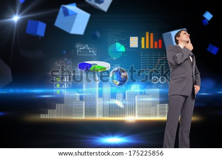 Thinking businessman with hand on chin against boxes on technical background, elements of this image furnished by NASA