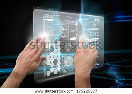 Hands pointing and presenting against doorway on technological black background