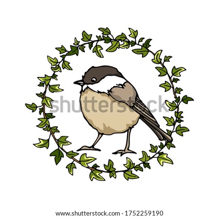 Vector card with hand drawn cute Willow Tit in green leaves wreath. Ink drawing, beautiful animal design elements. Logo template