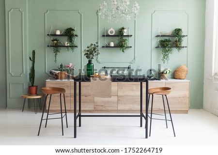 Scandinavian classic kitchen with wooden decor and green plants, minimalistic interior design. Real photo. Eco home decor. Royalty-Free Stock Photo #1752264719