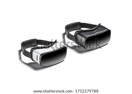 Blank black and white virtual reality goggles mockup set, side view, 3d rendering. Empty simulation or illusion headset mock up, isolated. Clear glasses gadget for vr gaming mokcup template.