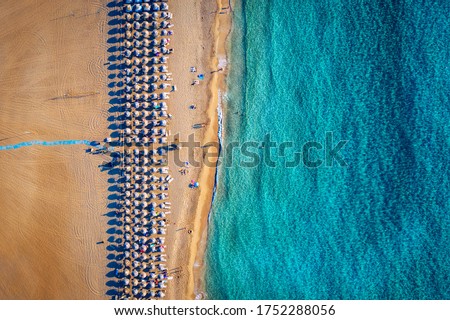 Aerial shot of beautiful turquoise beach Falasarna (Falassarna) in Crete, Greece. View of famous paradise sandy deep turquoise beach of Falasarna (Falassarna) in North West, Crete island, Greece. Royalty-Free Stock Photo #1752288056