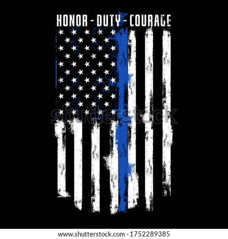 Illustration Thin Blue Line Police Officer Flag, with text Honor, Duty, Courage Royalty-Free Stock Photo #1752289385