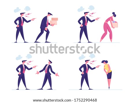 Set Angry Furious Boss Character Scold and Rebuking Incompetent Employee. Dissatisfied Ceo Shouting on Business People and Fire from Workplace, Stress Situation in Office. Cartoon Vector Illustration