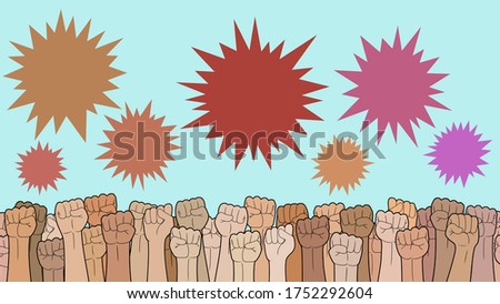 Protests, Raised fist hands and shouting speech bubble. Vector illustration.