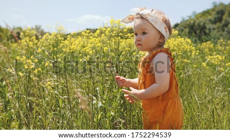 Child girl walking outdoor cute baby family travel vacations summer season nature rural rapeseed field grass                                             Royalty-Free Stock Photo #1752294539