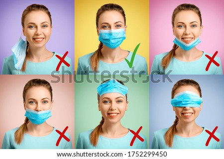 The protective mask on the girl is incorrectly put on. A masked nurse. Wrong. Quarantine during the virus. Self-isolation and illness. The doctor smiles. Coronavirus and protection. Collage of photos. Royalty-Free Stock Photo #1752299450