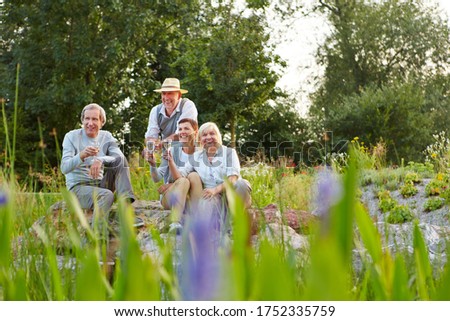 Laughing group of seniors drinking champagne in the garden in summer