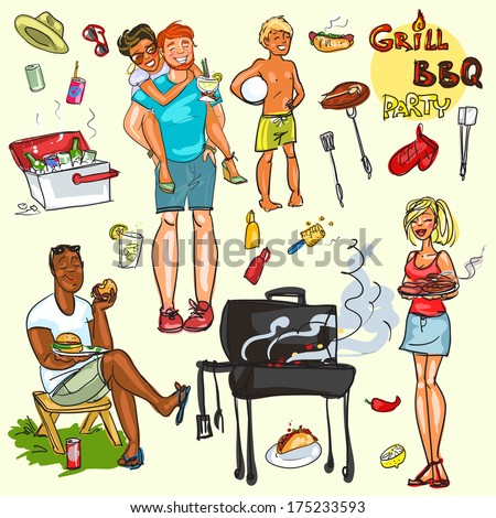 Happy people having BBQ party, vector collection, isolated.