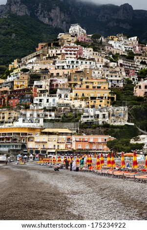 Buildings in a town on the coast, Positano, Amalfi Coast, Campania, Italy