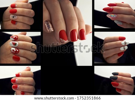 collage of photos of female hands with red gel polish and different designs on a black background 