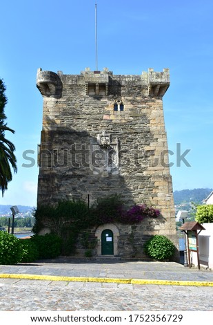 14th Century Andrade Tower with blue sky. Pontedeume, Galicia, Spain.