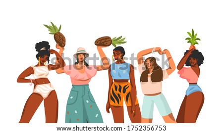 Hand drawn vector abstract stock flat graphic illustration with young happy multiethnic small gathering beauty females collection set isolated on white background
