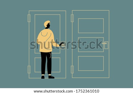  Young male character standing in front of two closed doors and trying to open one. Decision making concept. Flat design modern editable vector illustration.