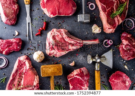 Set of various butchery meat, different beef steaks with kitchen and grilling utensils -  Meat Fork and Butcher Cleaver and herbs knife. Royalty-Free Stock Photo #1752394877