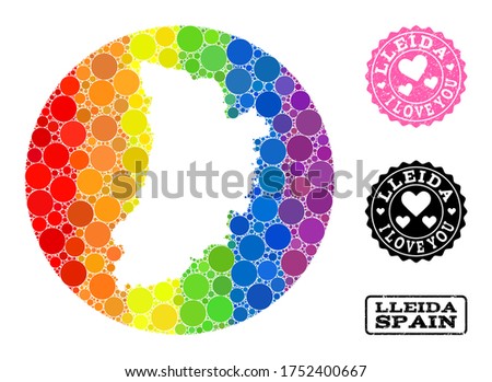 Vector mosaic LGBT map of Lleida Province with round spots, and Love grunge seal stamp. Hole round map of Lleida Province collage composed with circles in different sizes,