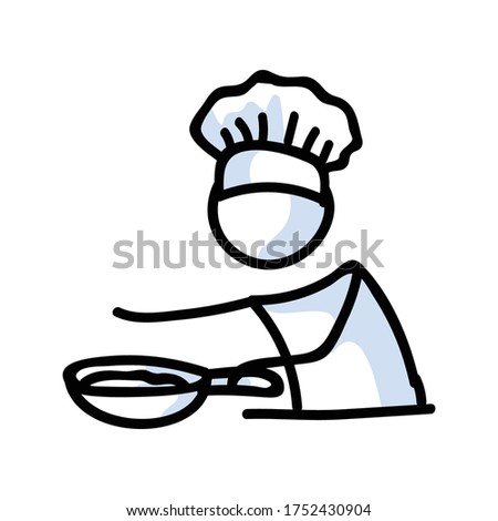 Cute stick figure chef cooking with frying pan lineart icon. Dinner preparation pictogram. Communication of restaurant meal illustration. Kitchen with spoon and lunch vector graphic. 