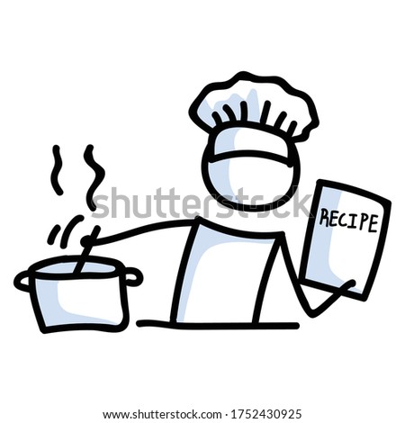 Cute stick figure chef cooking recipe lineart icon. Dinner preparation pictogram. Communication of restaurant meal illustration. Kitchen with spoon and pot vector graphic. 