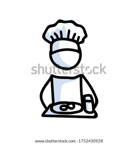 Cute stick figure chef cooking with meal plate lineart icon. Dinner preparation pictogram. Communication of restaurant meal illustration. Kitchen with spoon and lunch vector graphic. 