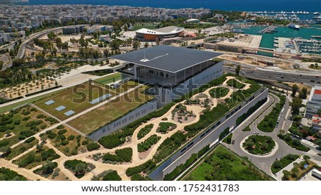 Aerial drone photo of famous landmark Cultural Centre and Foundation Park of Stavros Niarchos in Faliro or Phaliro area, Athens riviera, Attica, Greece