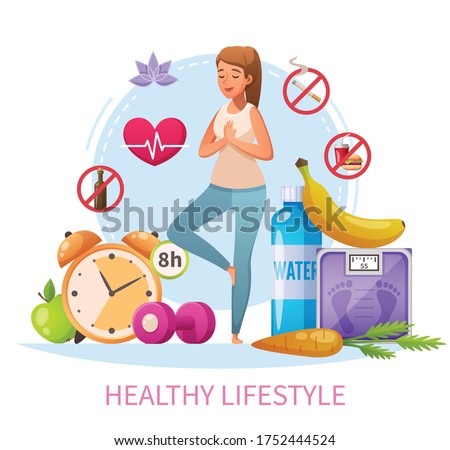 Healthy lifestyle habits cartoon composition with nonsmoking woman practice stress relieving yoga 8h sleep diet vector illustration  Royalty-Free Stock Photo #1752444524