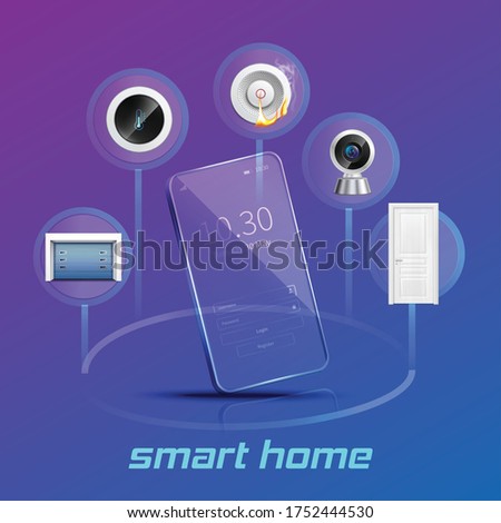 Smart home devices control and monitoring system using smartphone realistic composition violet blue gradient background vector illustration 